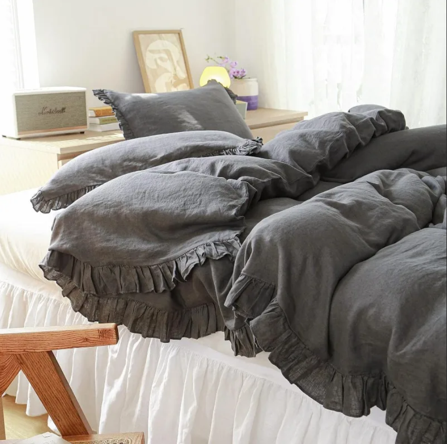 100% Washed Linen Duvet Cover Set - Dark Grey