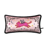 Embroidered Pink Cat Velvet Accent Pillow with Fringe Flying Cat Lumbar Size