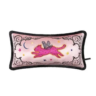 Embroidered Pink Cat Velvet Accent Pillow with Fringe Flying Cat Lumbar Size