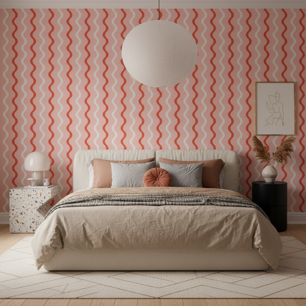 Modern bedroom with a bed against a wall featuring red and white wavy pattern.