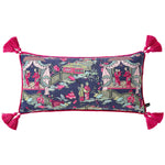 Chinoiserie throw pillow featuring a luxurious pavilion print with vibrant colors and tassel accents, perfect for home decor.
