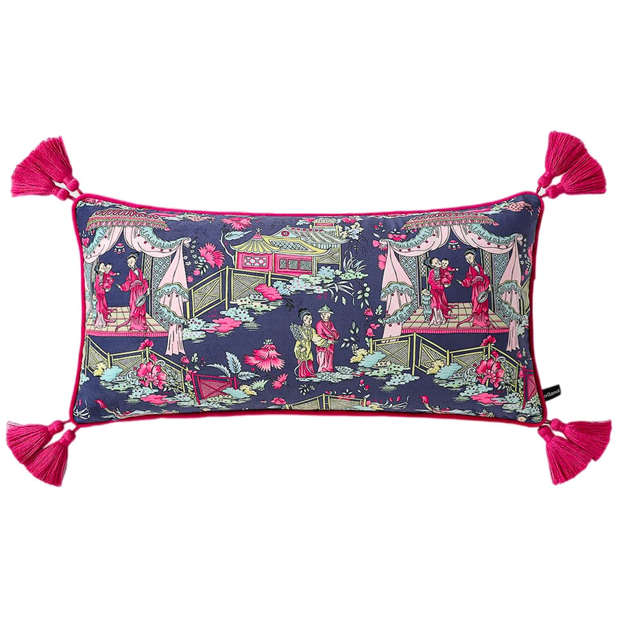Chinoiserie throw pillow featuring a luxurious pavilion print with vibrant colors and tassel accents, perfect for home decor.
