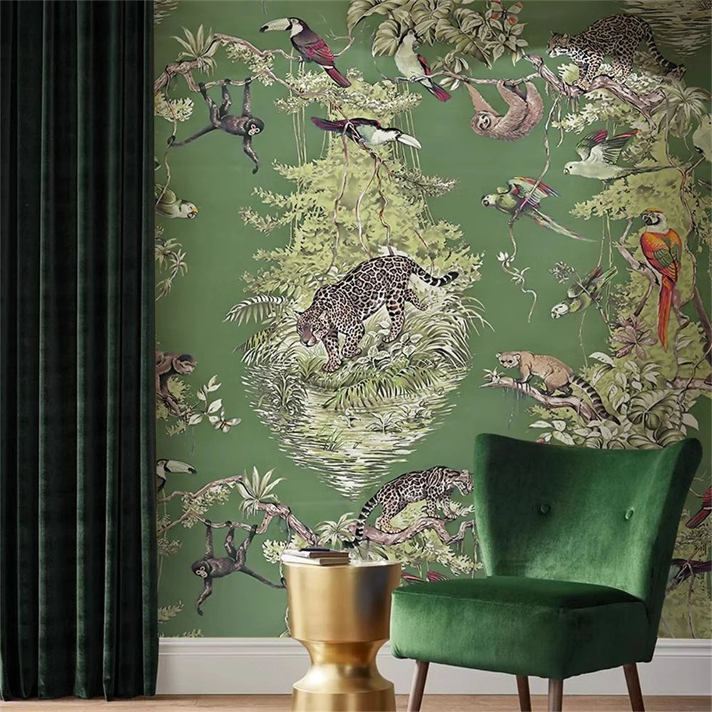 Green chair in front of a wall with jungle-themed wallpaper featuring animals.