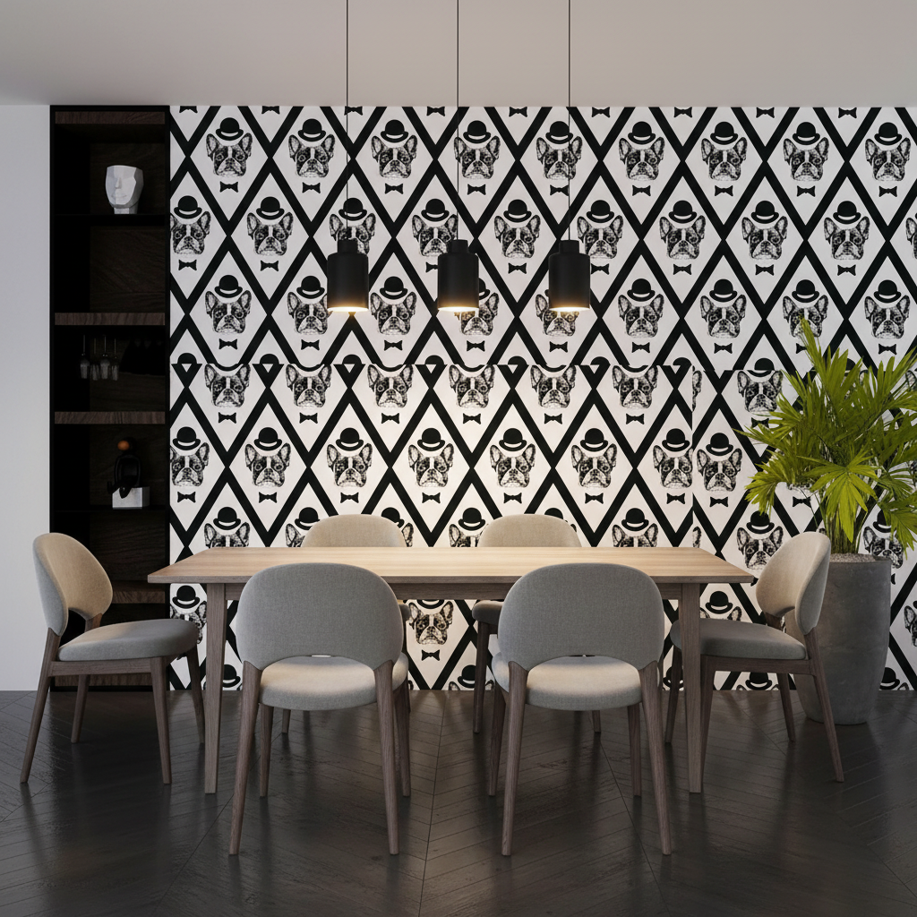 Dining area with a patterned wall, table, and chairs.
