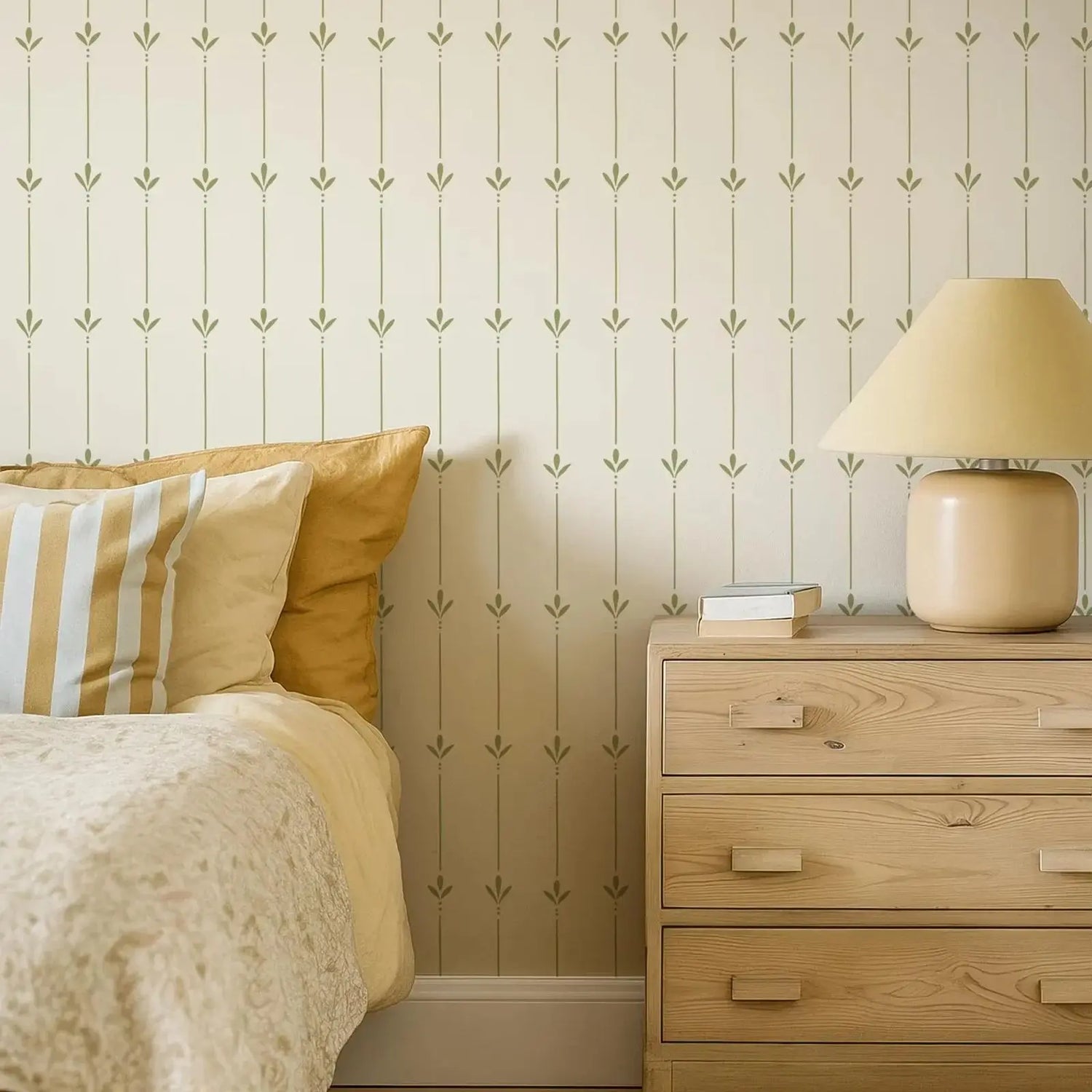 Bedroom with wooden nightstand, lamp, and patterned wallpaper