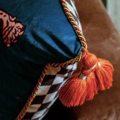 Tibetan Tiger Blue Checker Throw Pillow Cover with Tassels