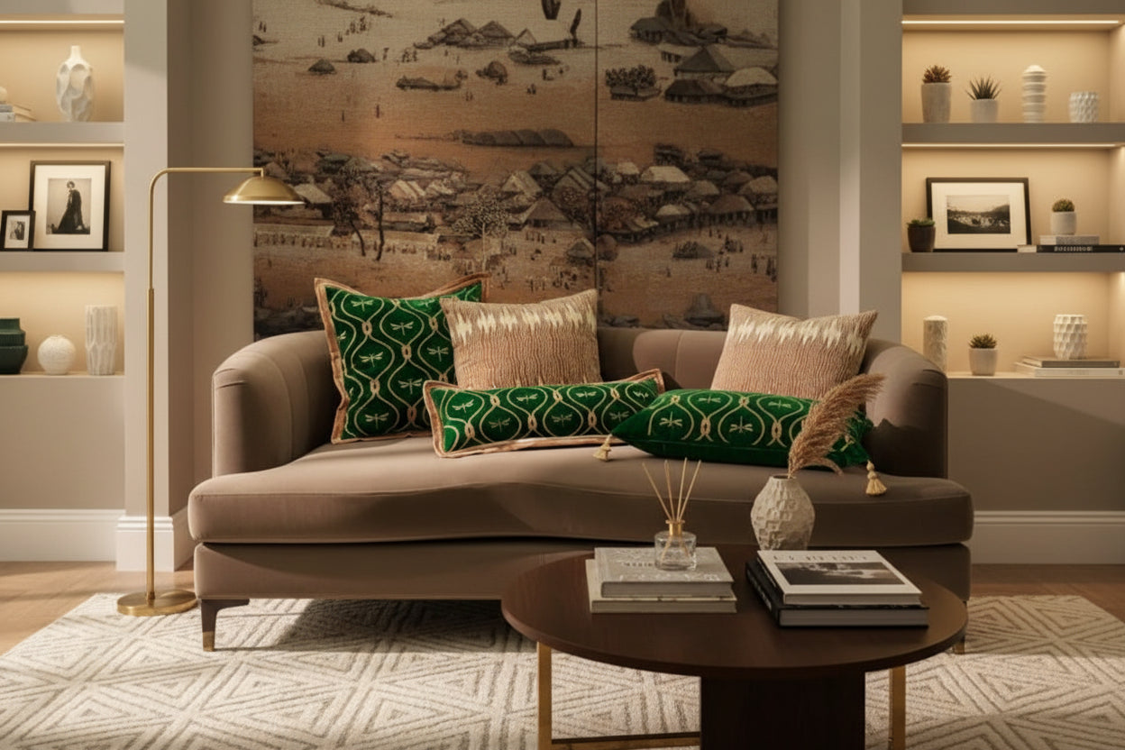 Decorative pillows with green and beige patterns on a couch.