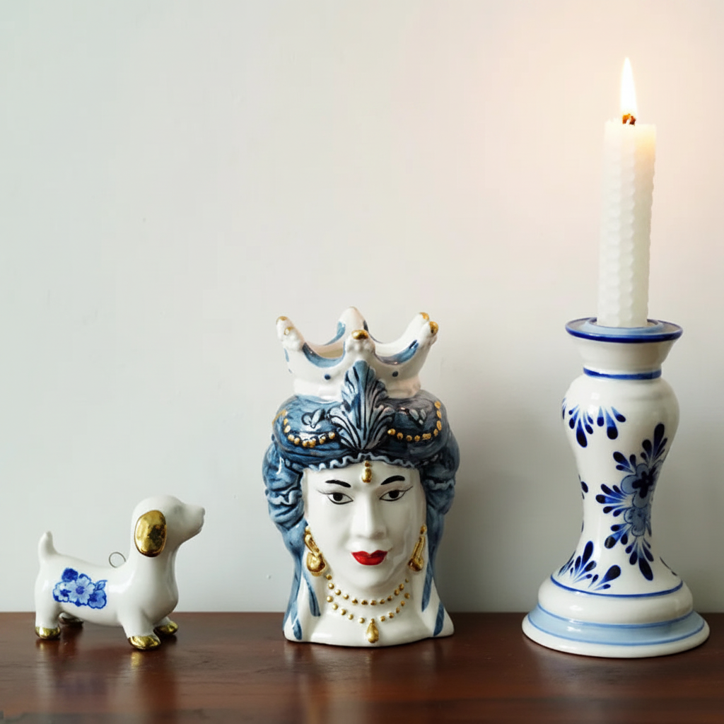 Sicilian Lady Blue & White Hand-Painted Ceramic Head Vase