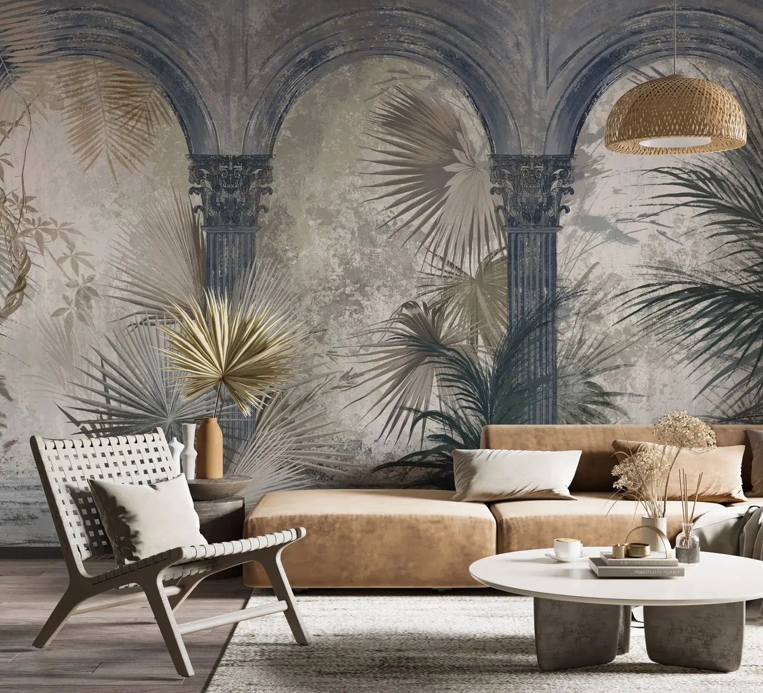 Modern living room with decorative wall mural, brown sofa, and armchair.