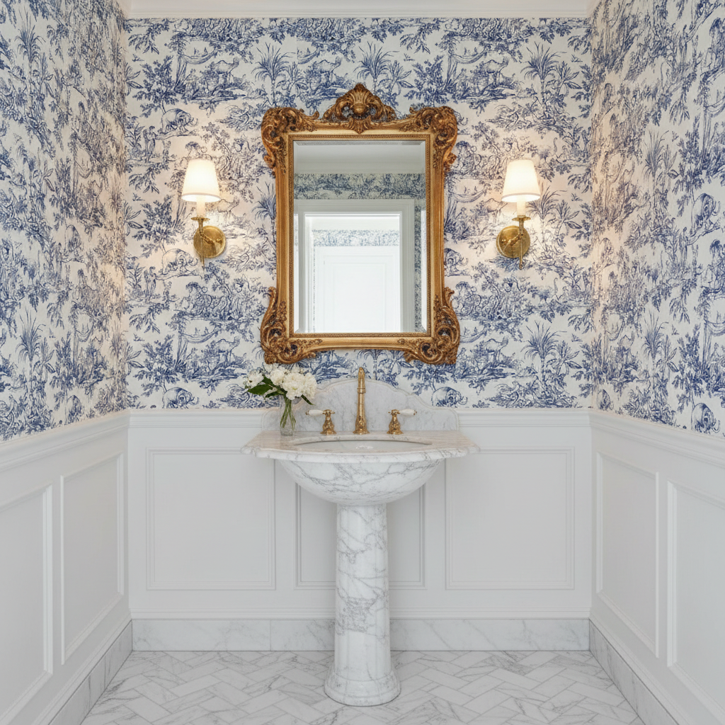 Bathroom with blue floral wallpaper, marble sink, and gold-framed mirror.