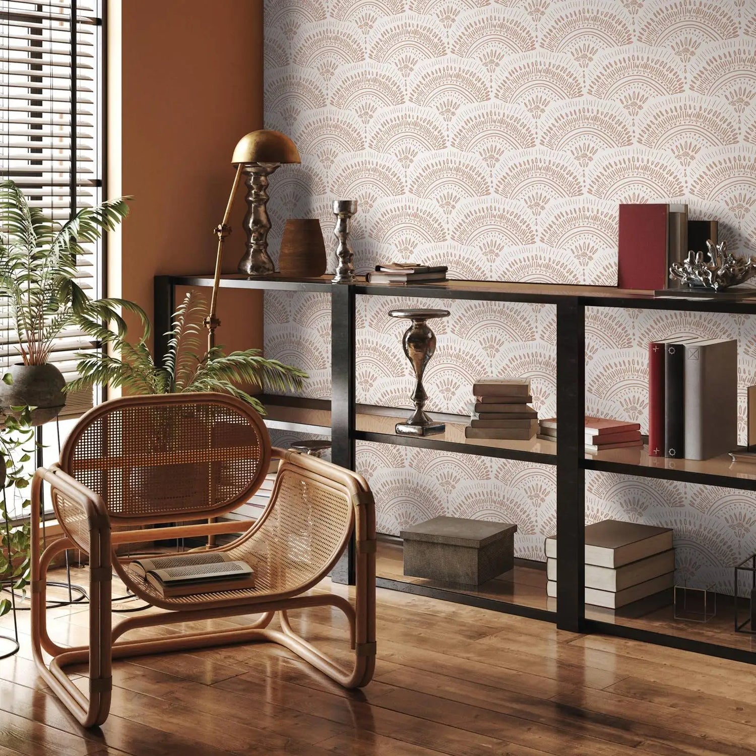 Modern interior with a wicker chair, bookshelf, and decorative items.
