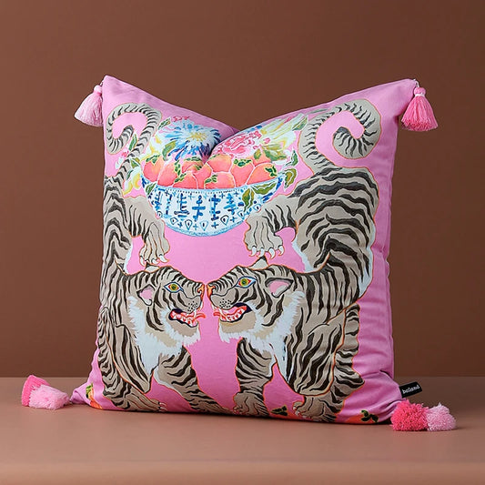 Elevate your decor with this luxurious velvet throw pillow cover showcasing Chinoiserie tigers. Accented with stylish tassels, it adds a touch of exotic elegance to any space.