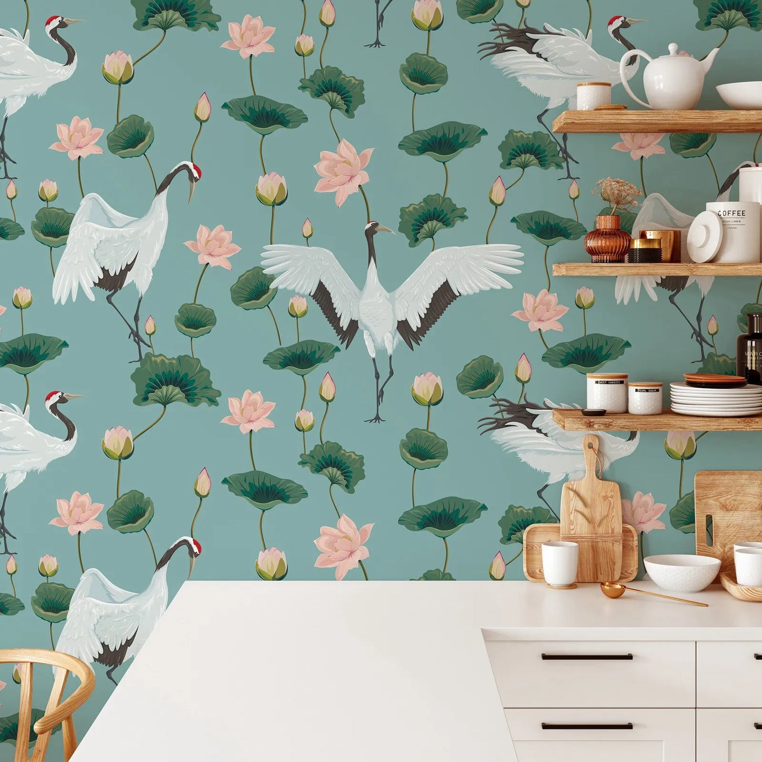 Cranes and Lotus Chinoiserie Wallpaper