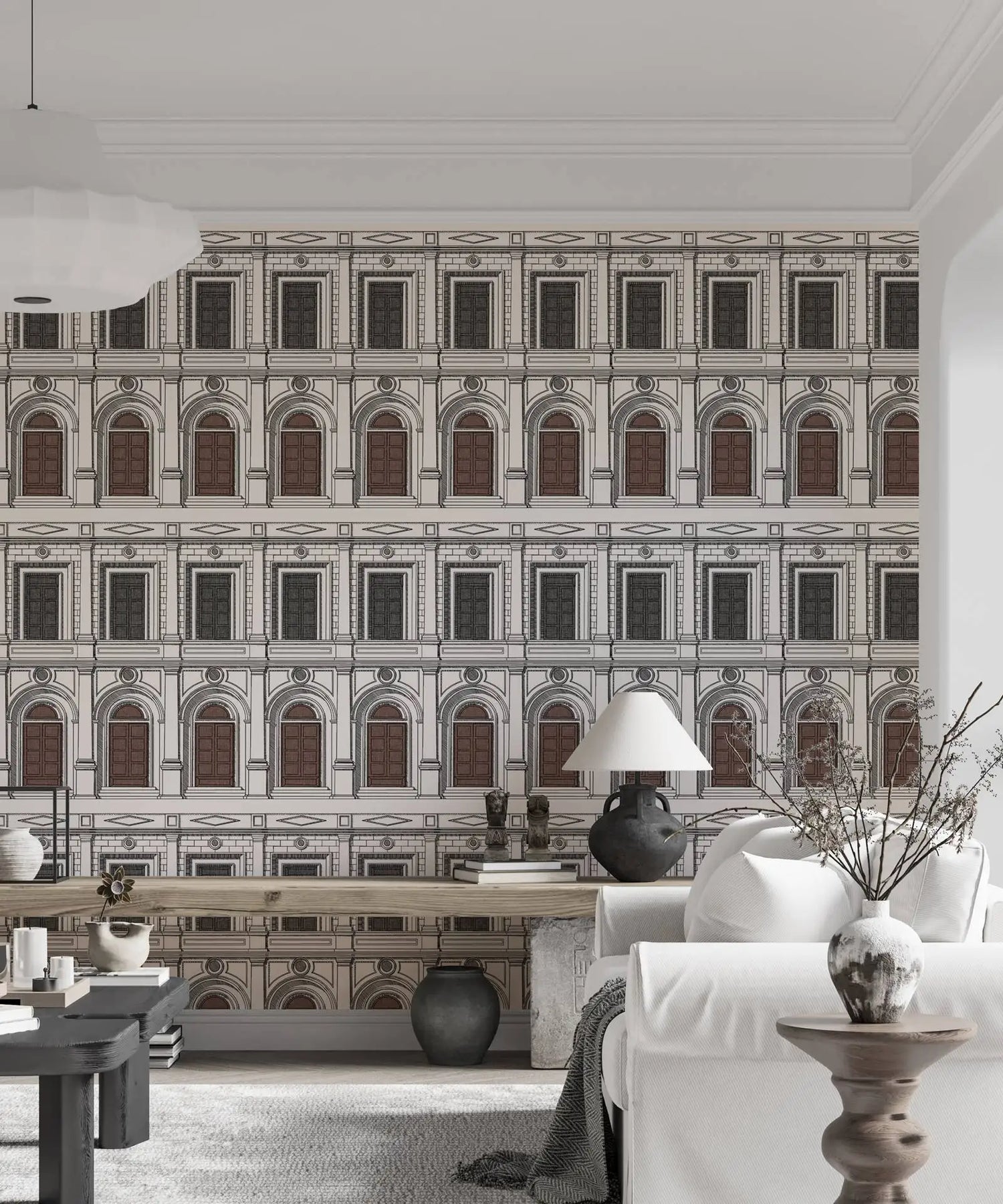 Living room with architectural wallpaper featuring a building facade.
