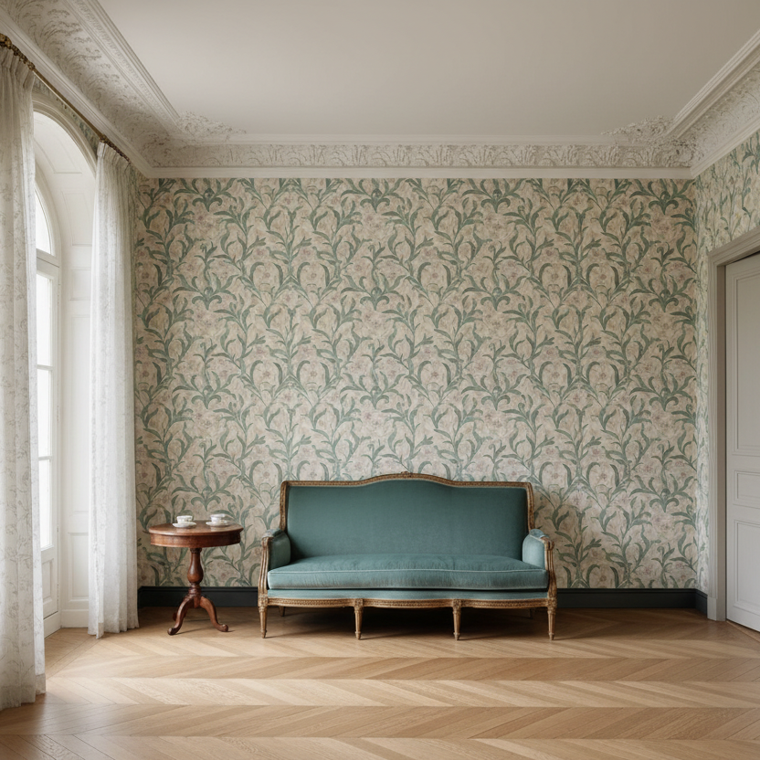Vintage-style room with a teal sofa and wooden table against a patterned wall.