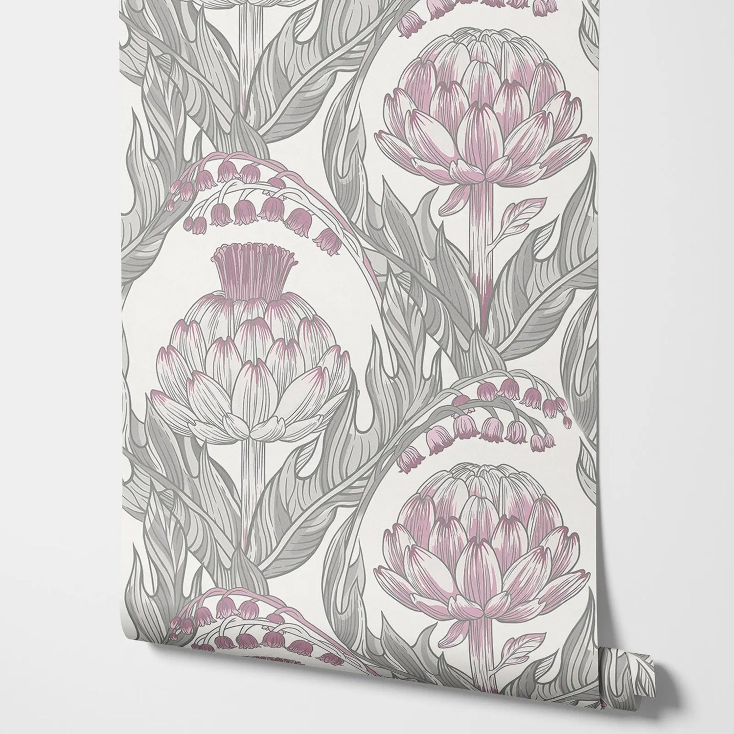 Floral wallpaper design with pink and gray flowers on a white background