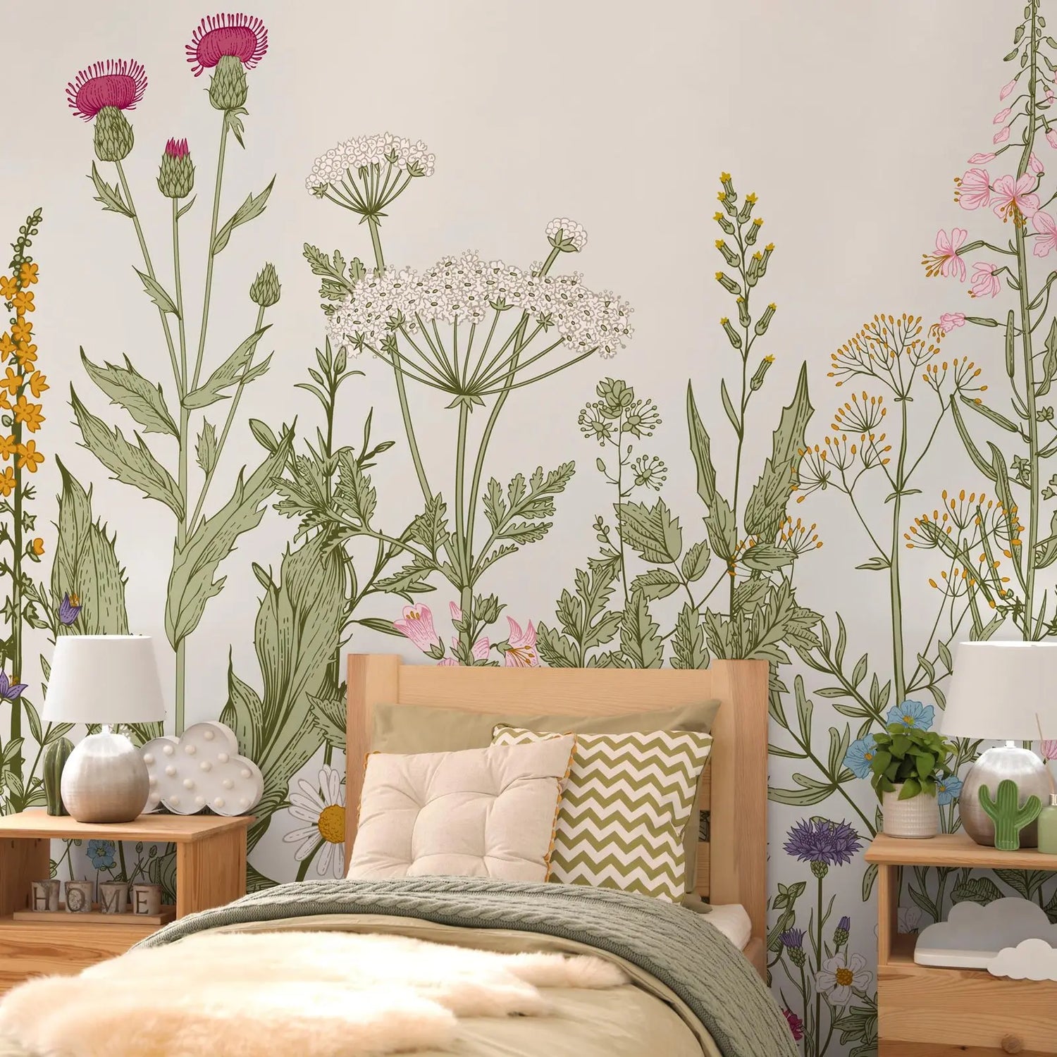 Bedroom with floral wallpaper and wooden furniture