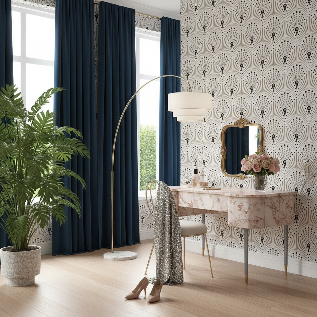 Modern interior design with a desk, mirror, and decorative elements.