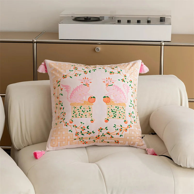Pink Guardians of Prosperity Cushion Cover