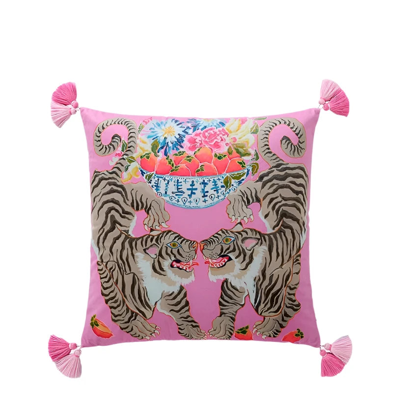 Tigers and Flowers Vase Pink Throw Pillow Cover