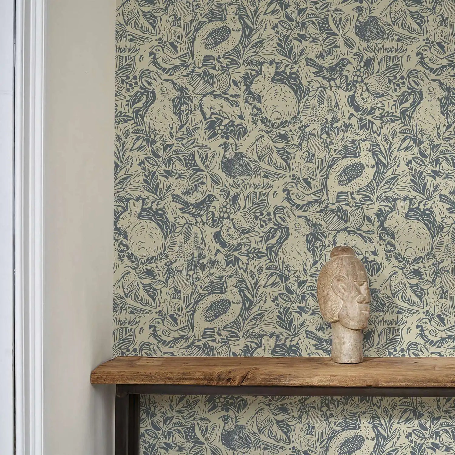 Vintage Blue Rabbit and Fauna Wallpaper