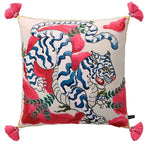 Hand-Drawn Chinoiserie Animal Inspired Pillow Cover with Tassels Red