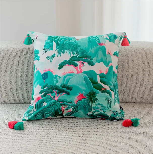 Exotic Verdant Landscape Pillow Cover with Red and Teal Colored Tassels