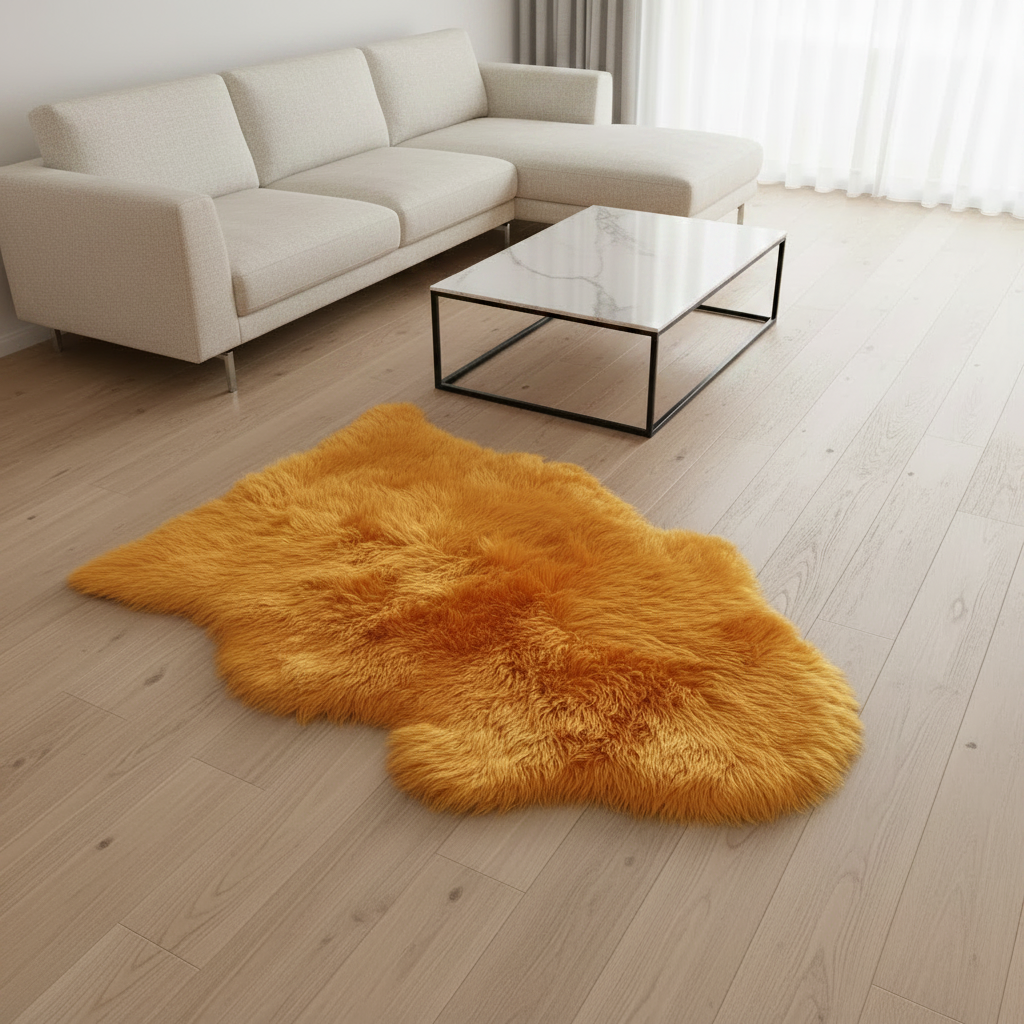 orange rug on a wooden floor with a white sofa and coffee table in the background