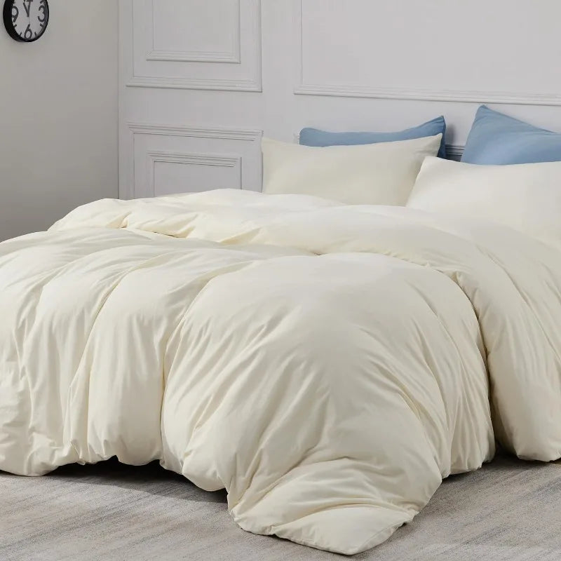 100% Washed Cotton Duvet Cover Set -  Cream White