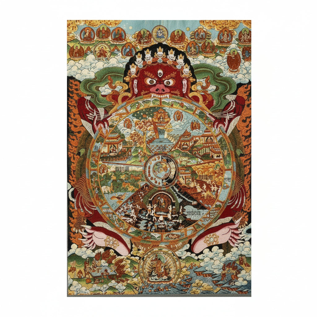 Colorful tapestry with intricate designs on a white background