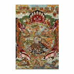Colorful tapestry with intricate designs on a white background