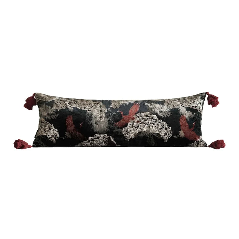 Crimson Crane Velvet Embroidered Throw Pillow Cover
