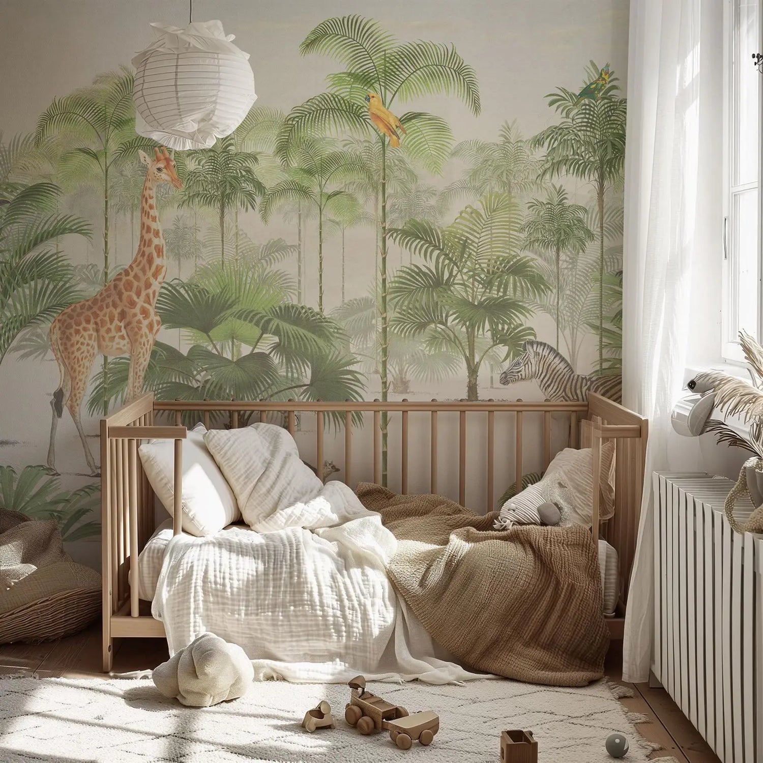 Children's room with wooden crib, jungle-themed wallpaper, and toys.