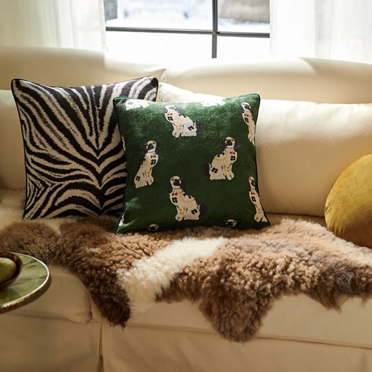 Add a touch of classic charm to your home decor with this decorative throw pillow cover featuring a green and white Staffordshire dog design. Perfect for lovers of traditional motifs, this cover effortlessly enhances any sofa or bed with its timeless appeal.