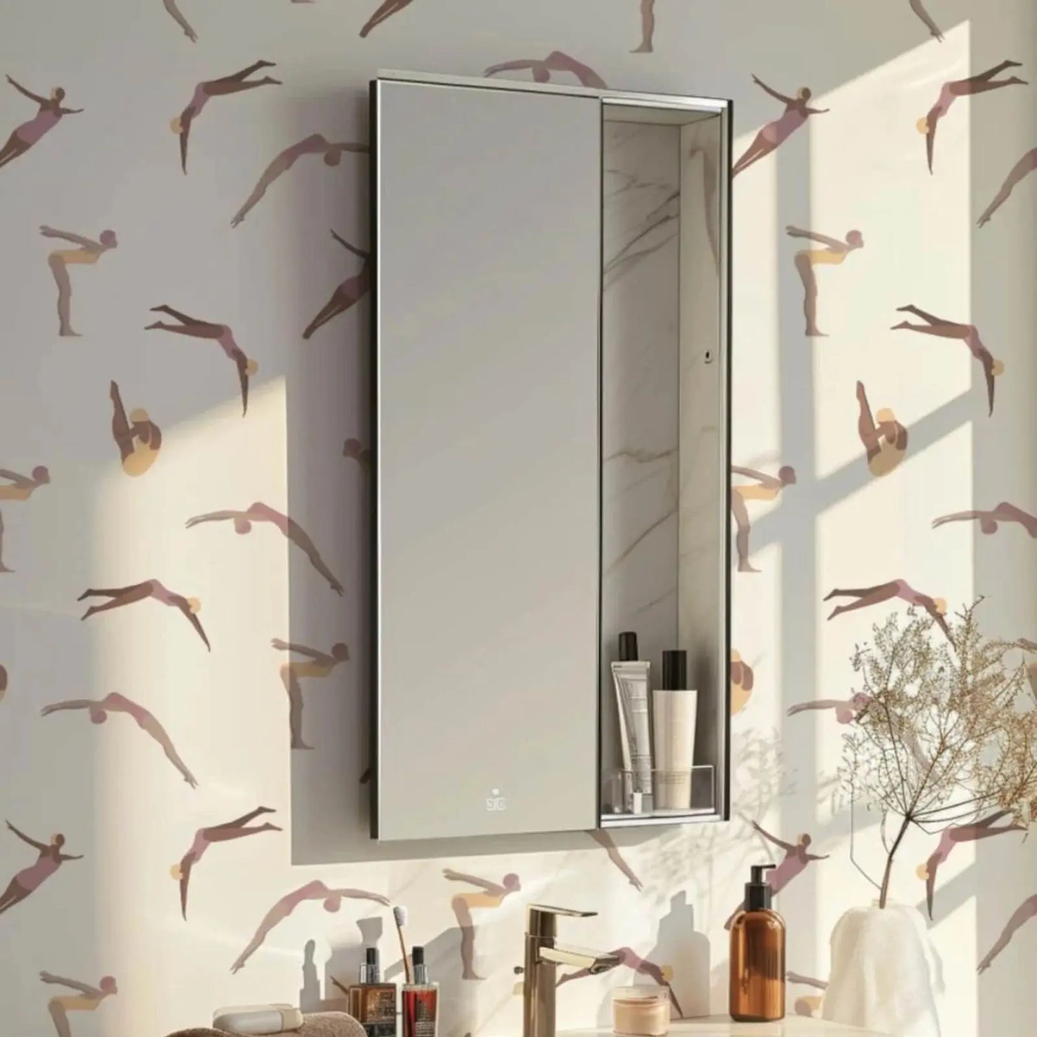 Bathroom setting with a mirror cabinet, toiletries, and decorative elements on a wall with artistic design.