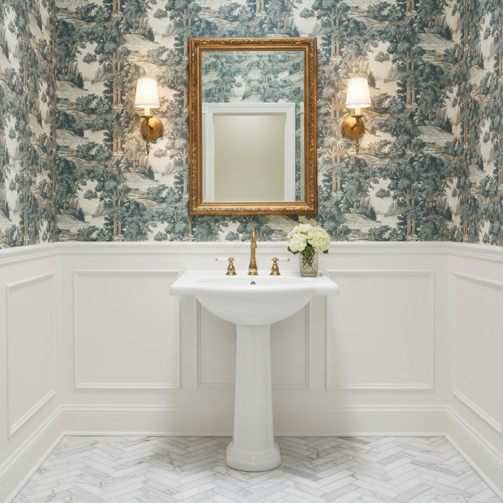 Bathroom with pedestal sink, gold-framed mirror, and floral arrangement against decorative wallpaper.