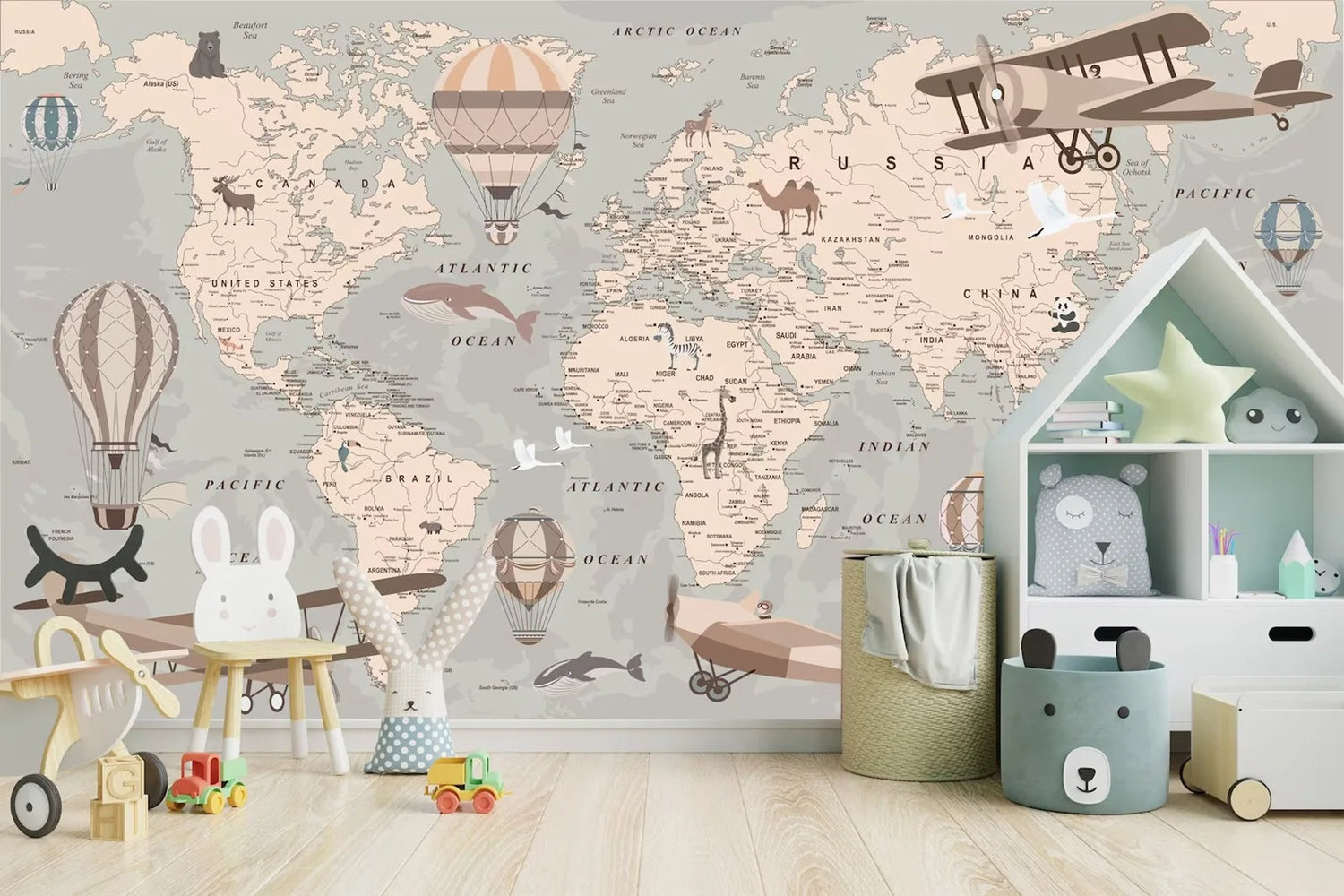 Children's room with world map wallpaper, toys, and storage bins.