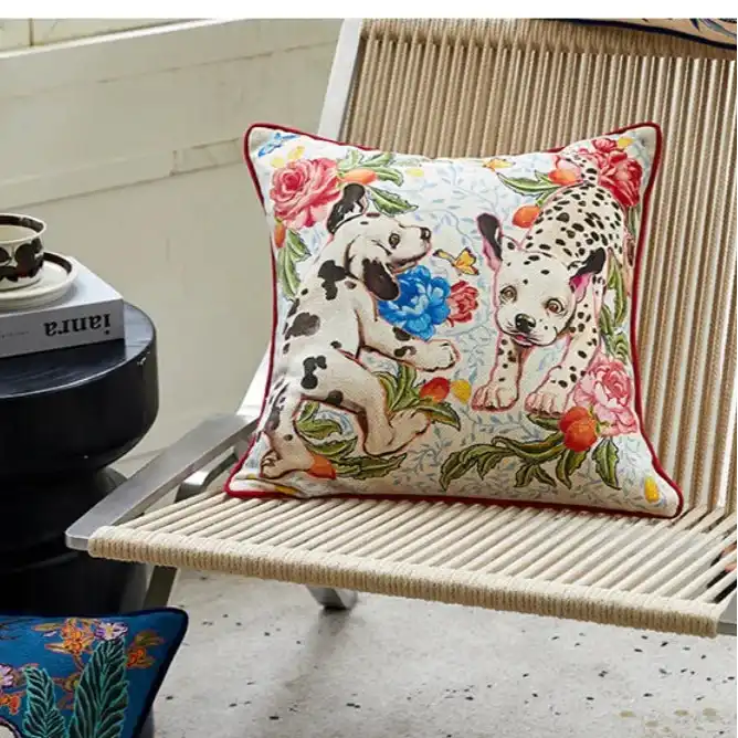 Chinoiserie style throw pillow featuring playful puppies surrounded by colorful floral patterns, perfect for adding a whimsical touch to your decor.