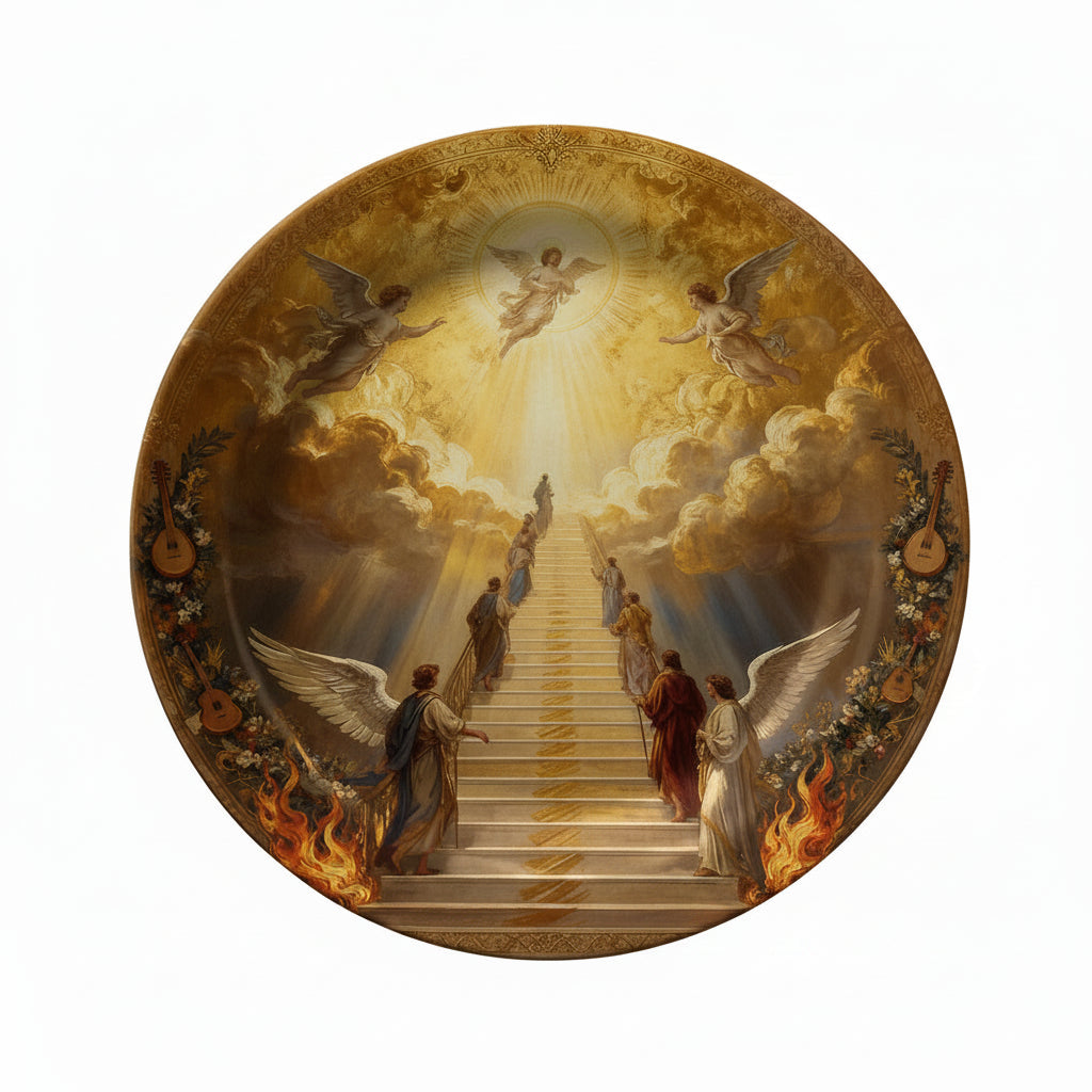 Decorative plate with angelic design on a dark background