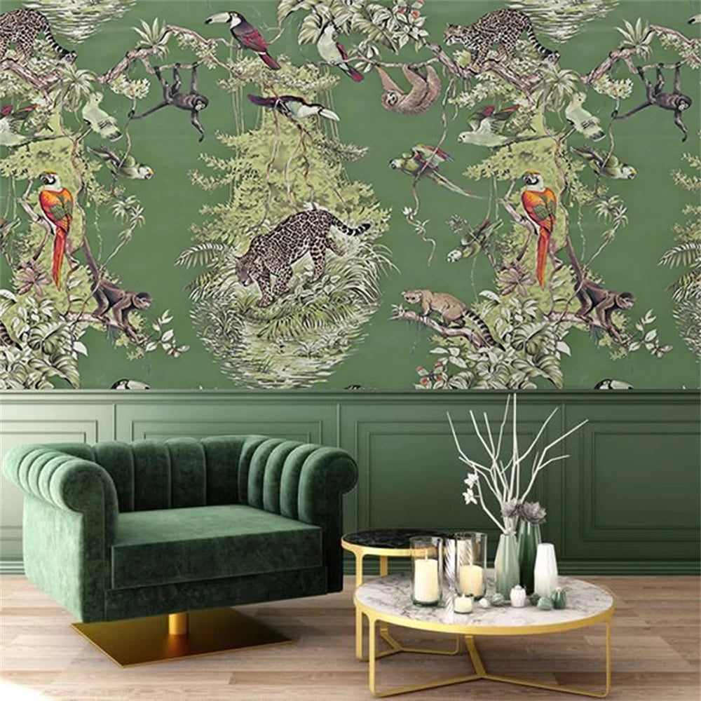 Living room with green velvet sofa and jungle-themed wallpaper