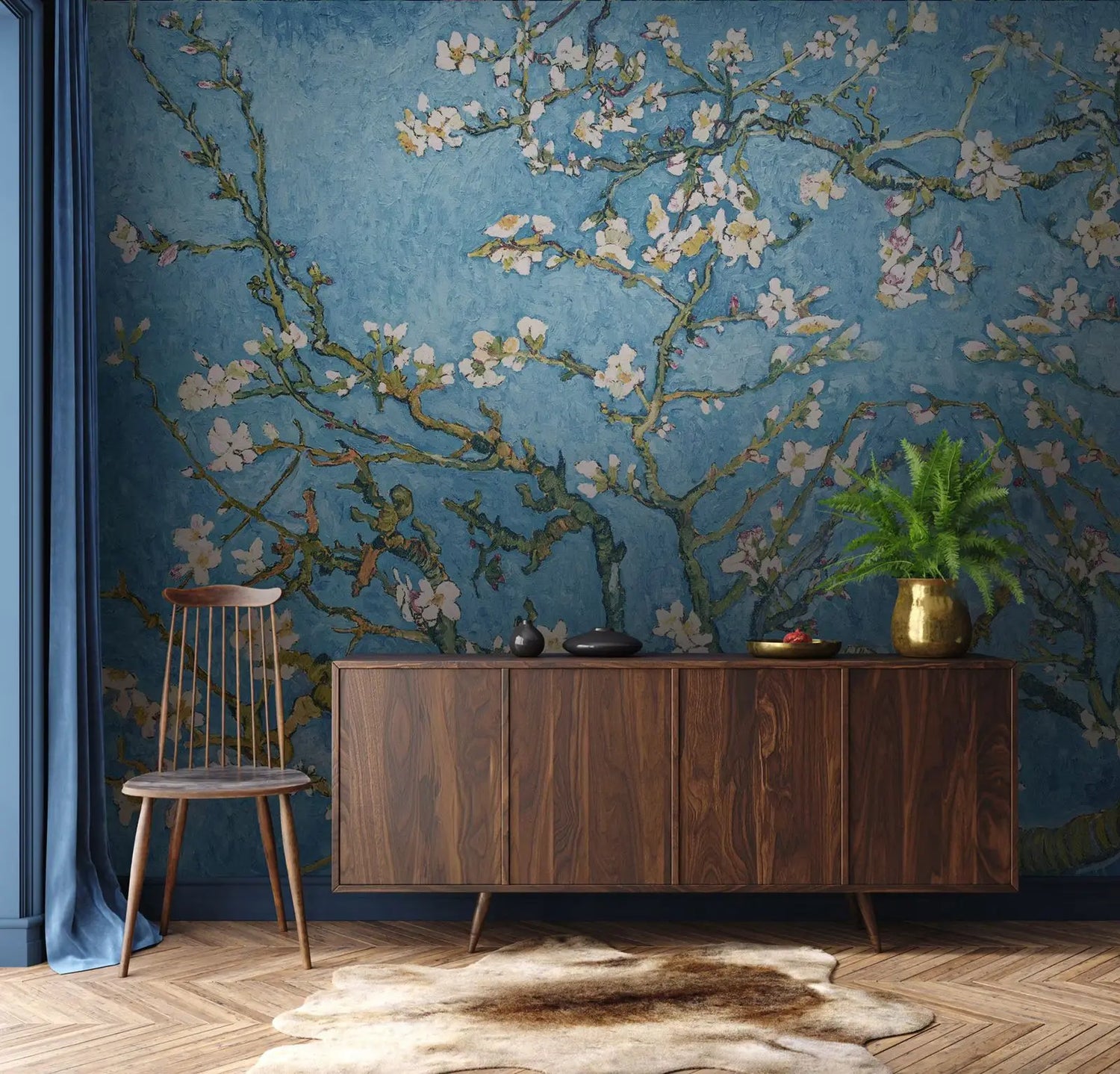 Room interior with wooden sideboard, chair, and decorative items against a wall with floral mural.