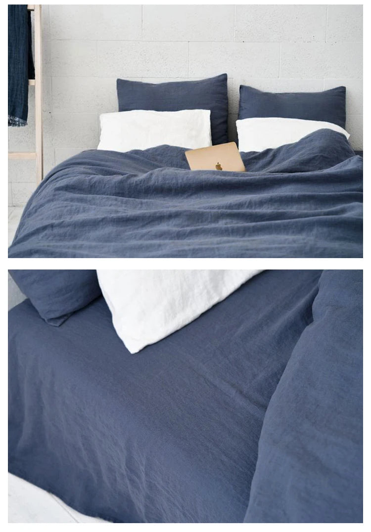 100% Organic Flax Linen Washed Bedding Set - Dark Blue