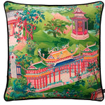 Chinese Pagoda Garden Printed Velvet Throw Pillow Cover Green