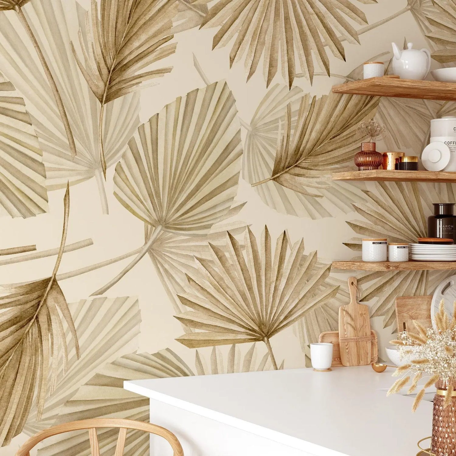 Dining room with palm leaf patterned wallpaper and wooden shelves.