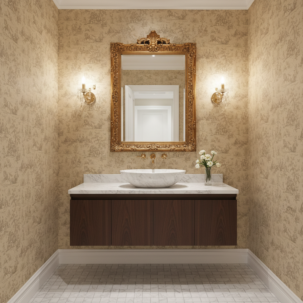 Bathroom with ornate mirror, sink, and decorative wall lights.