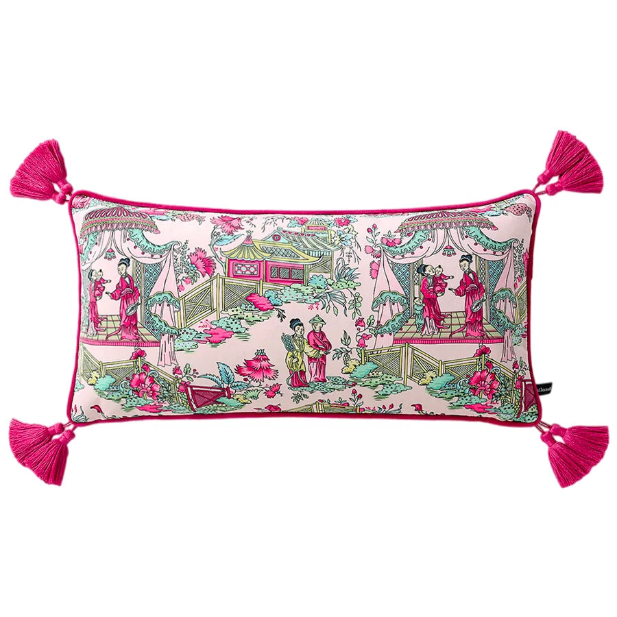 Decorative pillow with Chinese-style pattern and pink tassels on a white background