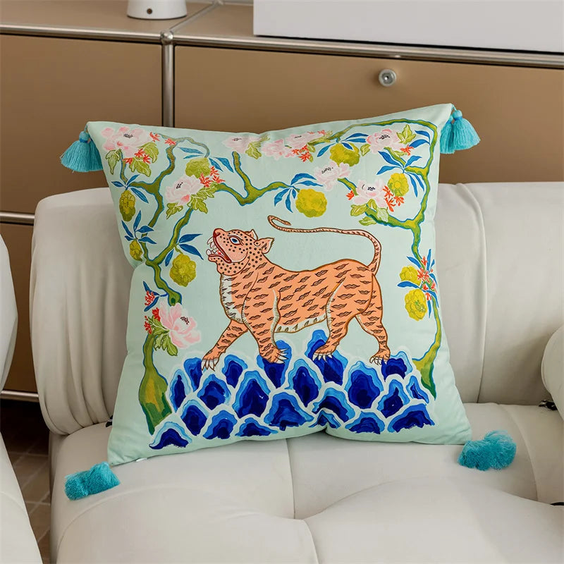 Luxe Leaping Tiger & Lemon Tree Pillow Cover