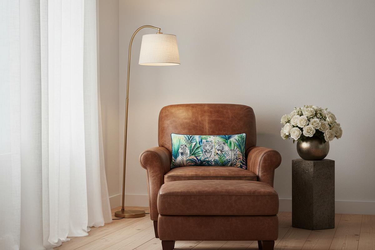 A brown leather armchair with a matching ottoman in a bright room, styled with a tropical print accent pillow, a gold floor lamp, and a side table with white roses.