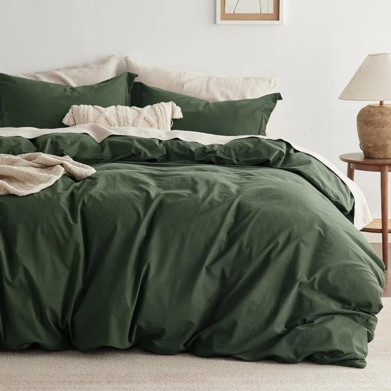 100% Washed Cotton Duvet Cover Set -  Olive Green