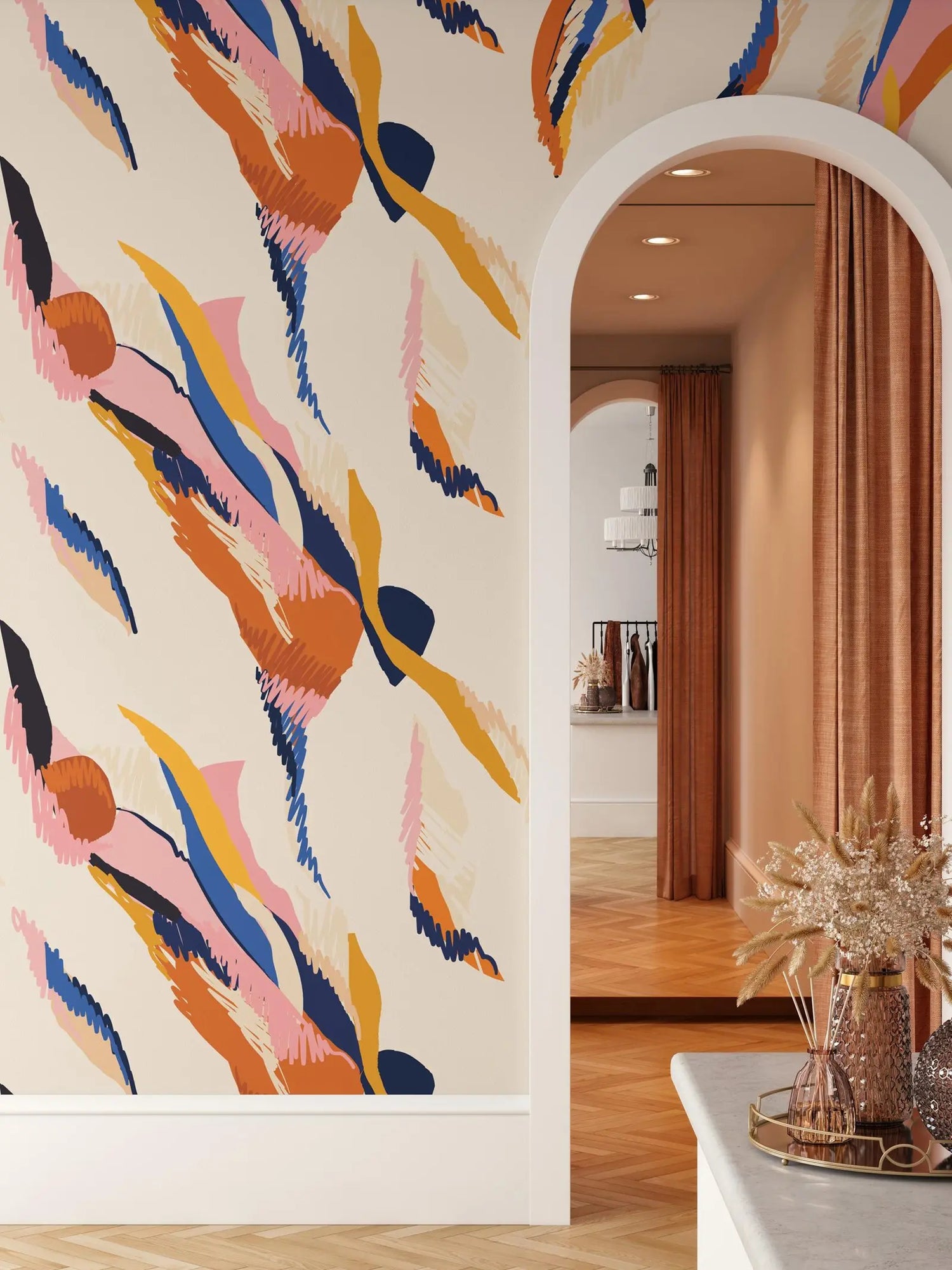 Colorful abstract pattern on a wall with a room in the background